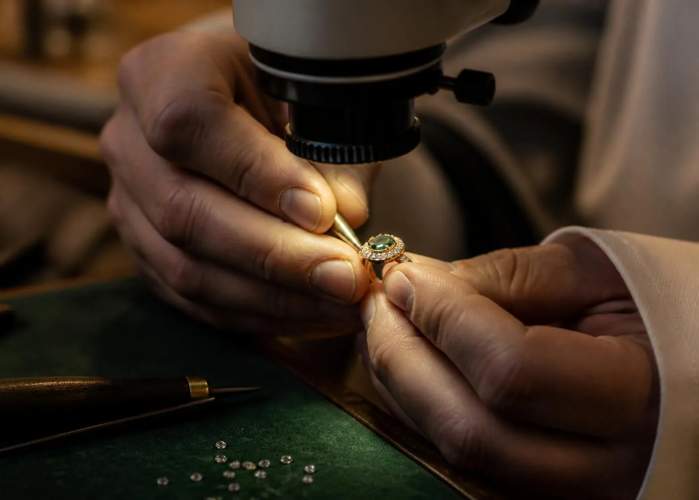 Artisan setting diamonds under a microscope