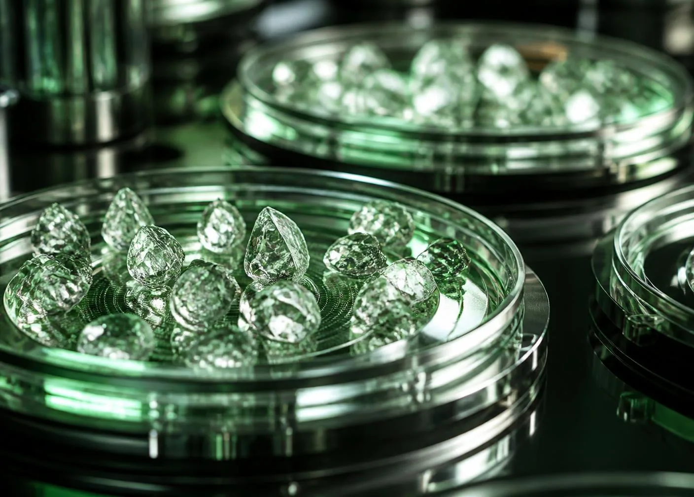 Lab grown diamond crystals in laboratory dishes