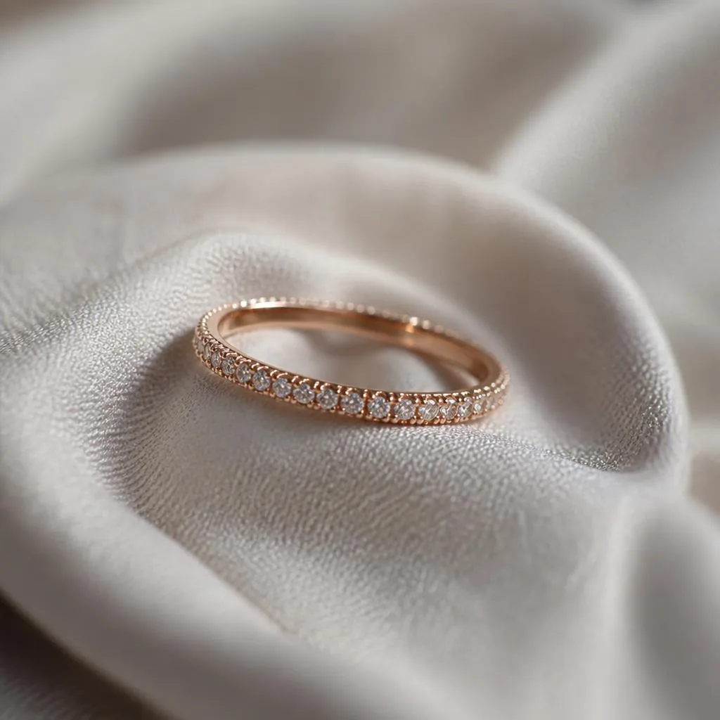 Lightweight rose gold pave diamond band on ivory silk