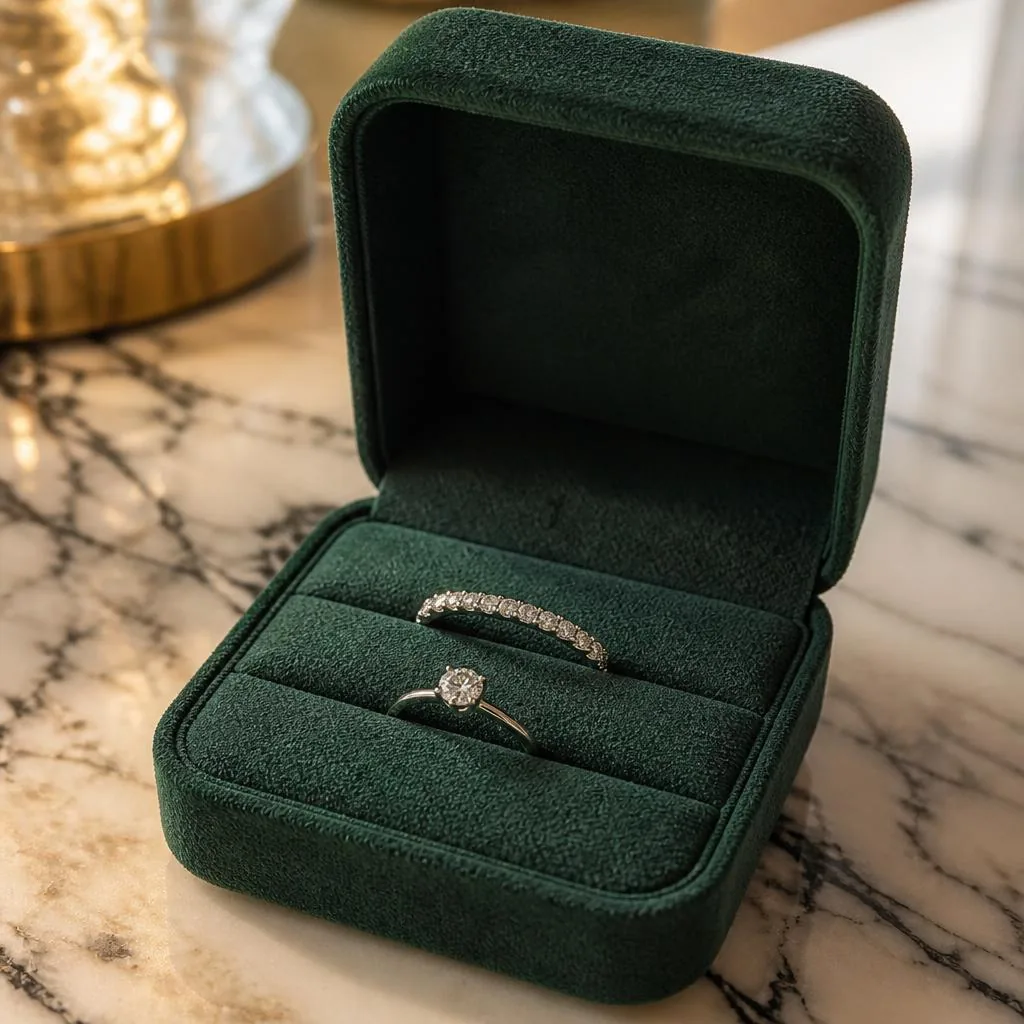 Lightweight eternity and solitaire rings in a suede box