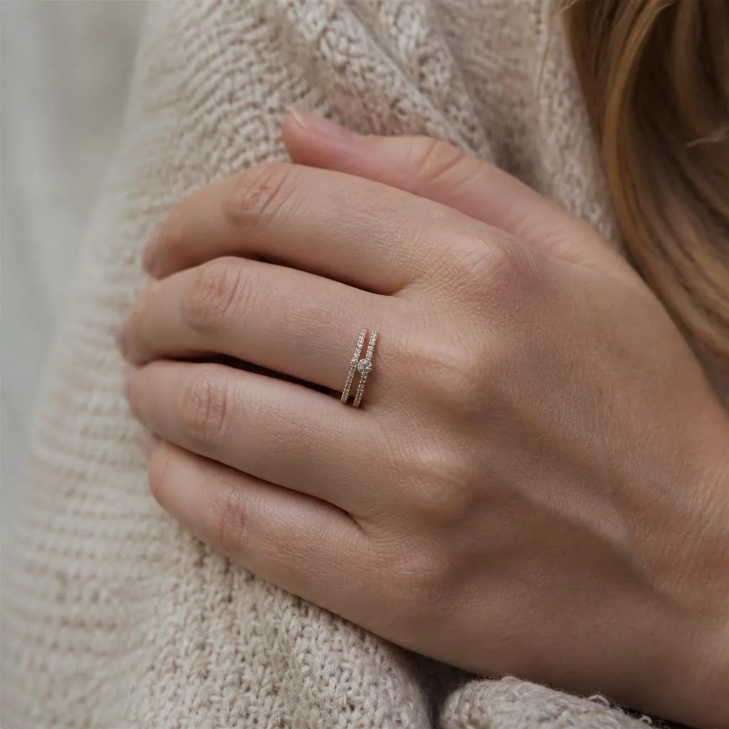 Stacked lightweight diamond rings worn on the hand
